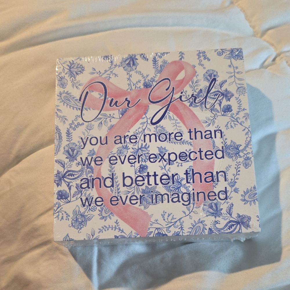 Wooden Box Sign Decorative Plaque, Baby Girl Nursey Pink Ribbon 5x5 Inches